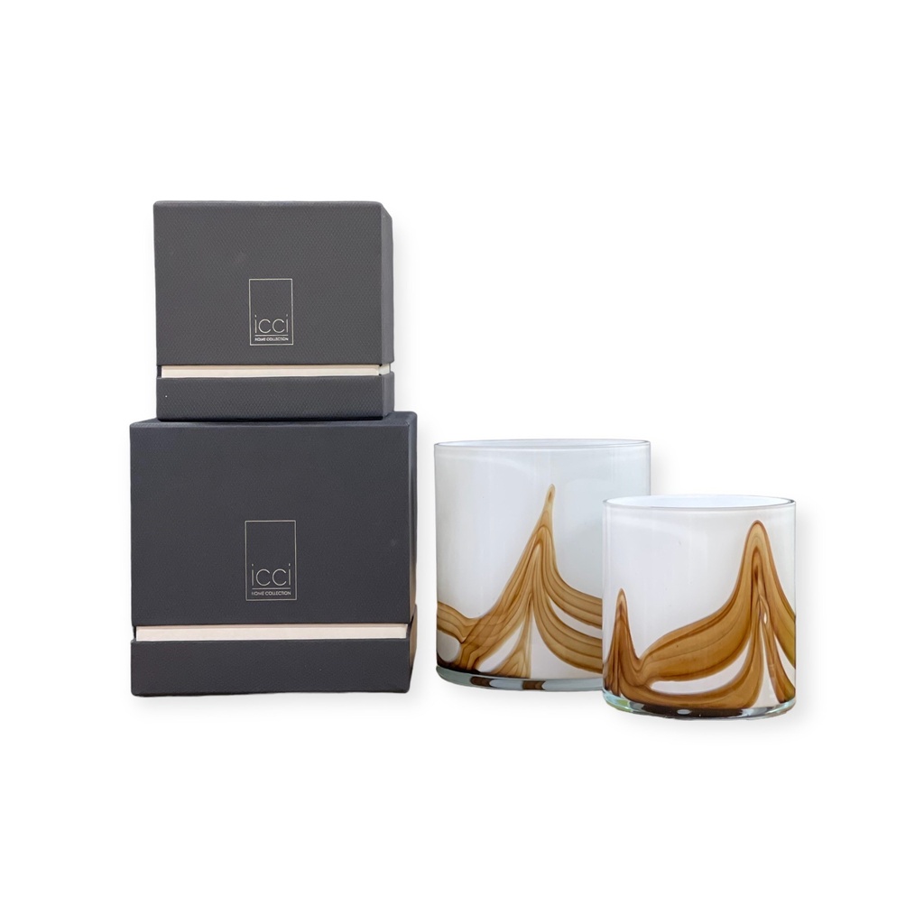 Scented candle cylindrical votive white brown waves - Ø 14x15cm - 4 - int. cot. - p/4