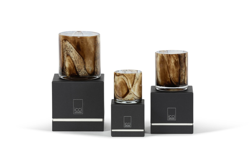 Scented candle cylindrical votive bark design ocher - Ø 14x15cm - 3 - int. cot. - p/4