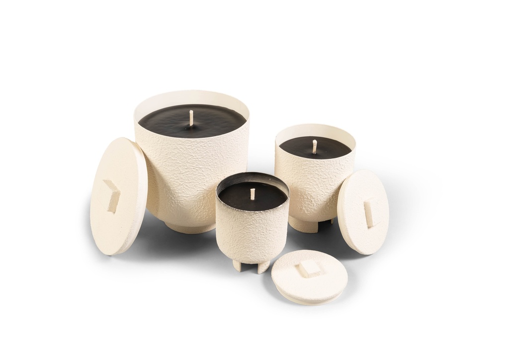 Metal box textured stone ivory with cover - set of 3 - Ø19.5 x 21.5cm - 1 ext.cot.wick - p 1