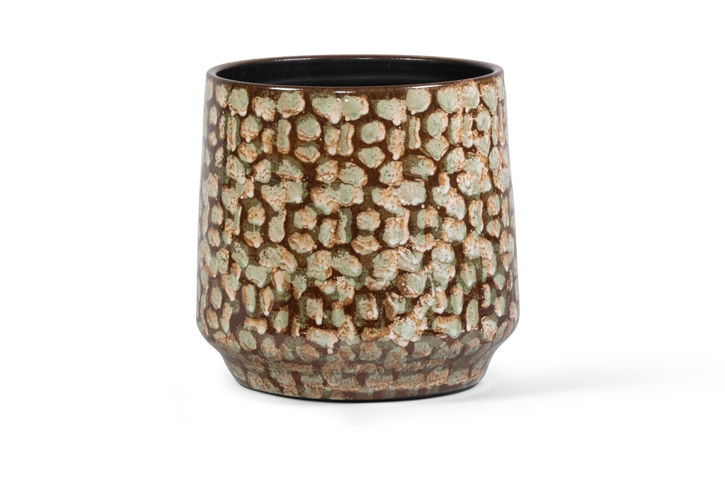 Flowerpot reactive glazed brown with green dots large - Ø32 x 32 cm- p 1
