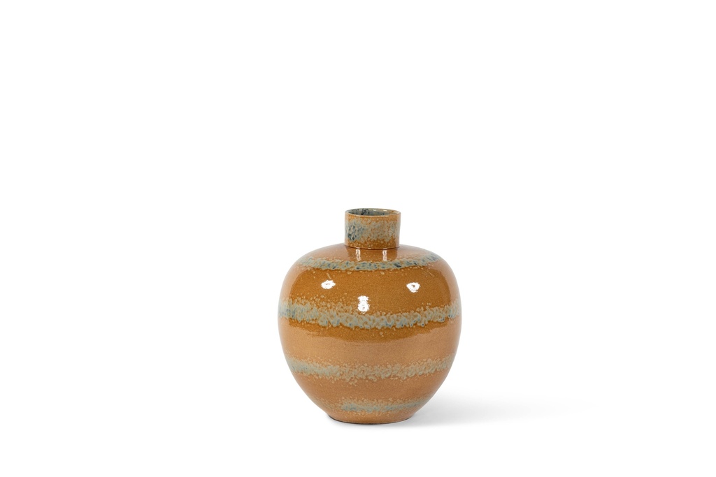 Bolvase reactif glazed ochre with green stripes medium- terracotta - Ø 33x38cm - p/1