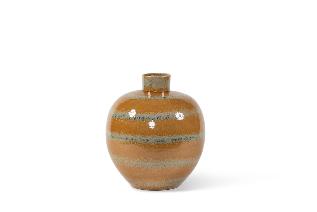 Bolvase reactif glazed ochre with green stripes large- terracotta - Ø 40x45cm - p/1