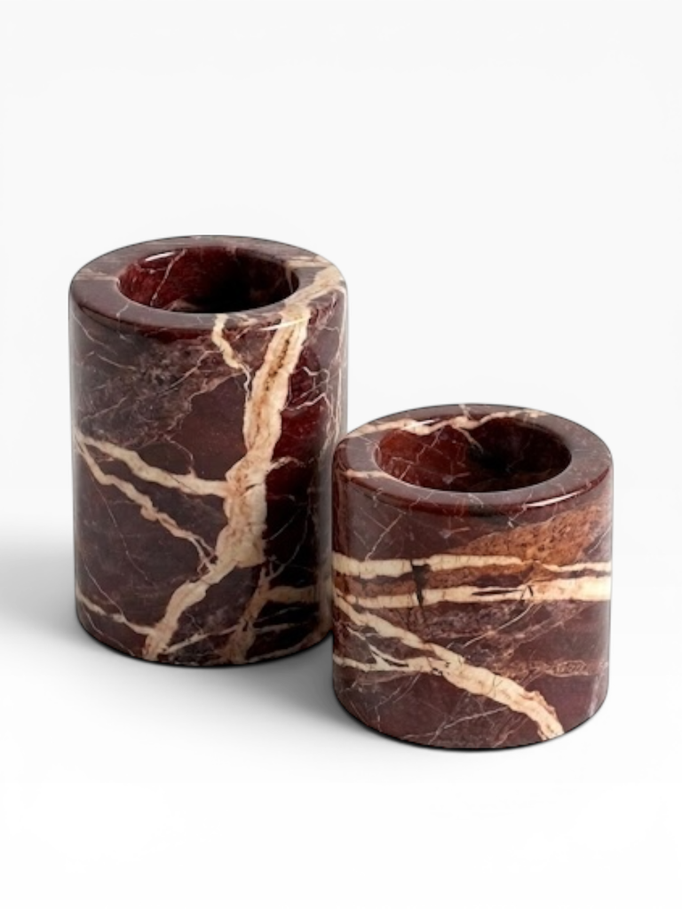 Candle holder red marble - set of 2 - candle Ø5,7 - Ø7,5 x 5 - 7,5 cm - p set