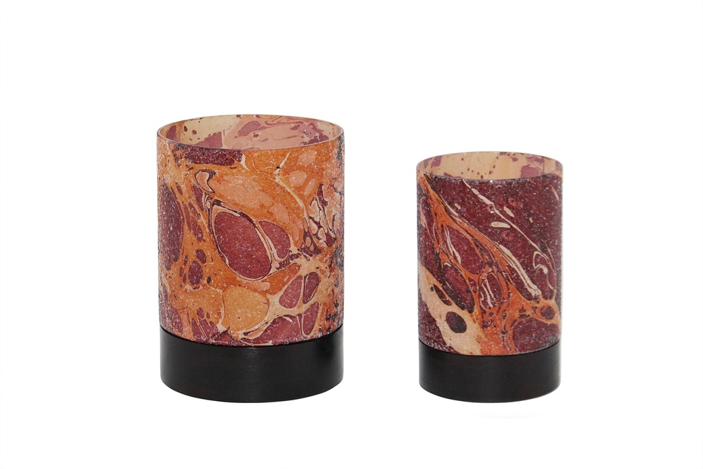 Hurricane burgundy/creme/orange crackeled glass / wood base small - Ø21 x 32 cm - p 1